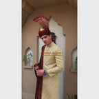 Luxurious Light Gold Sherwani Set  for Groom with Maroon Shawl and Turban