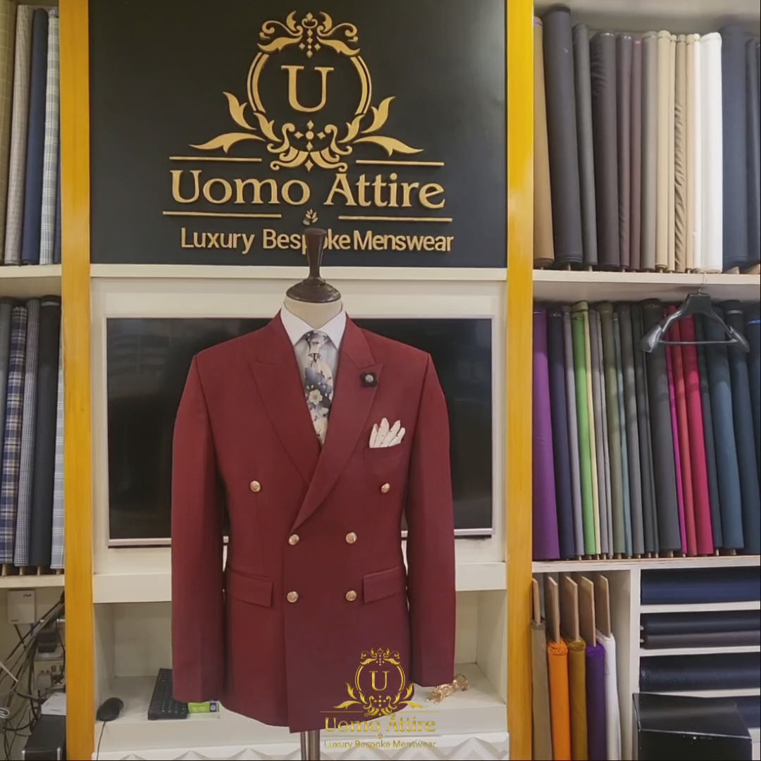 Maroon double breasted suit with golden buttons, double breasted suit, double breasted suits for men