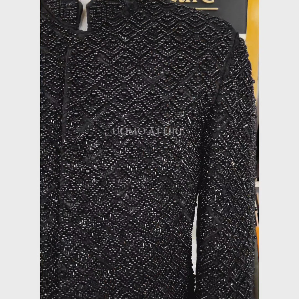 Luxurious Black Embellished Wedding Sherwani for Groom | Black Sherwani  for Groom