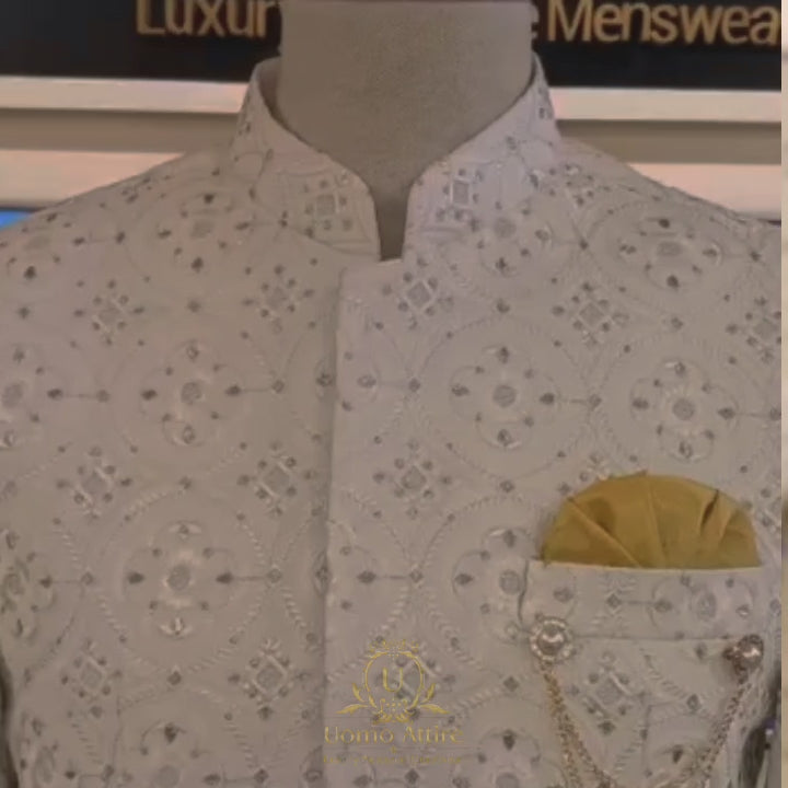 
                  
                    Load and play video in Gallery viewer, Finch of cream heavy embroidered prince coat
                  
                