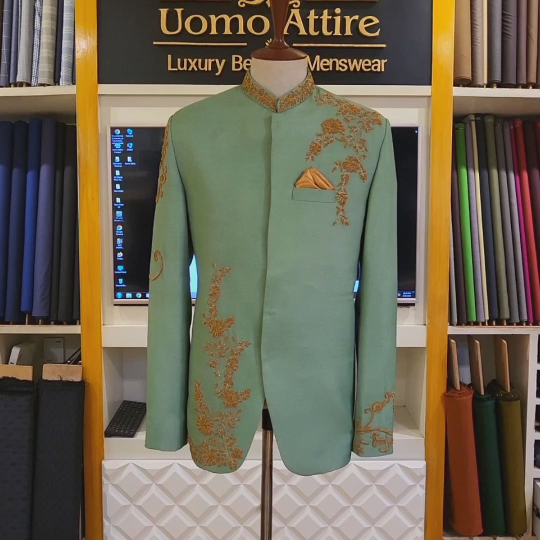 Buy Sea Green Prince Coat with Golden Work