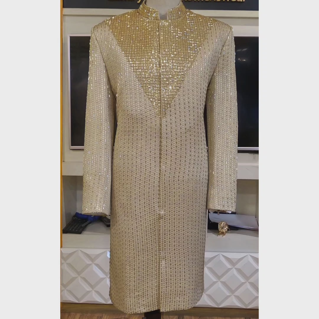 Latest Design Mens Golden Wedding Sherwani For Groom