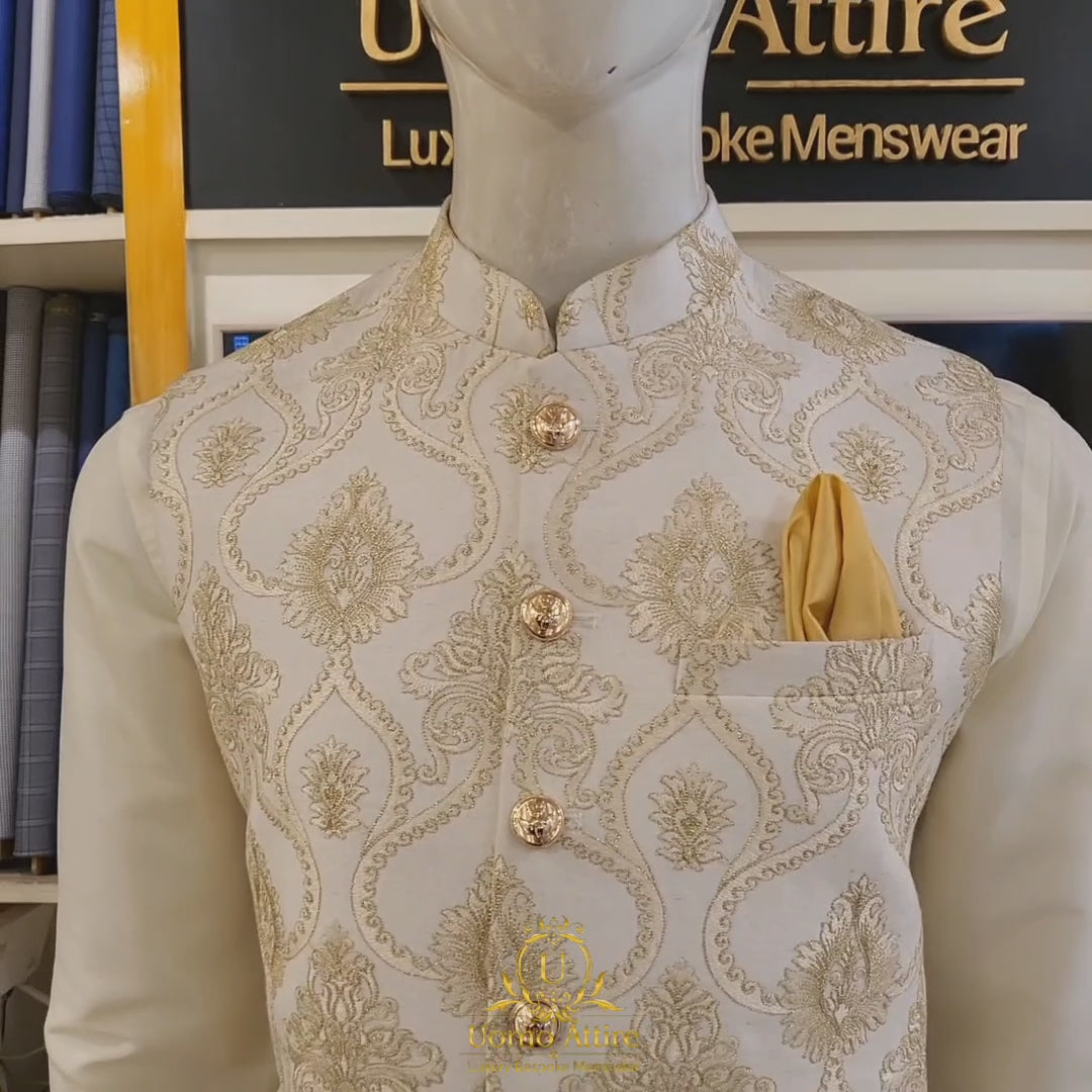 
                  
                    Carica e riproduci video nel visualizzatore Galleria, Luxury bespoke embroidered waistcoat for men | Waistcoat with Kurta Pajama
                  
                