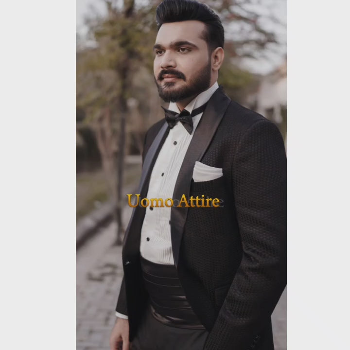 Luxurious Embroidered Fabric Black Tuxedo For Mens with Traditional Shawl Lapel