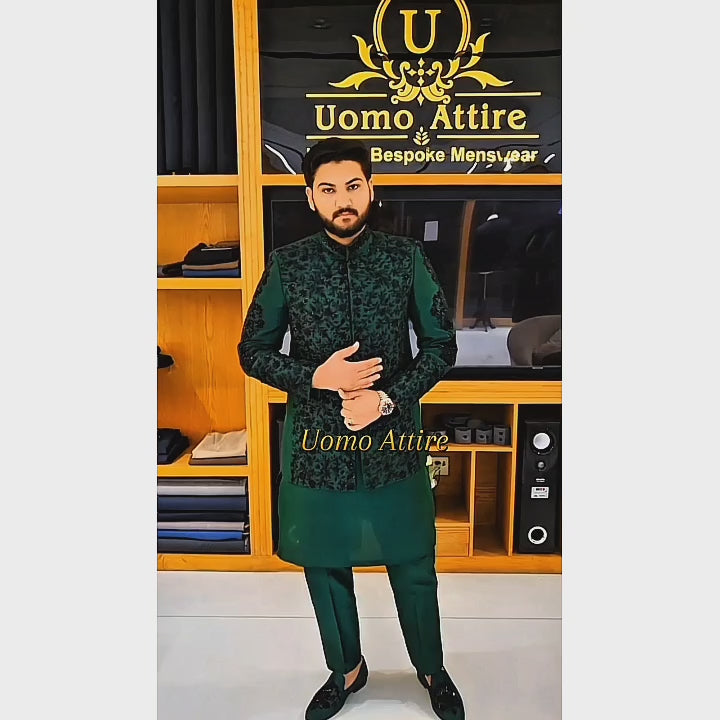 Men's Luxury Emerald Green Prince Coat with White Kurta Pajama