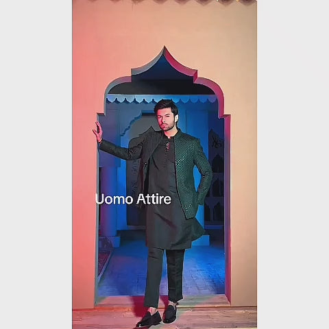 Luxury Deep Green Open Front Embroidered Prince Coat with Matching Kurta Pajama for Groom