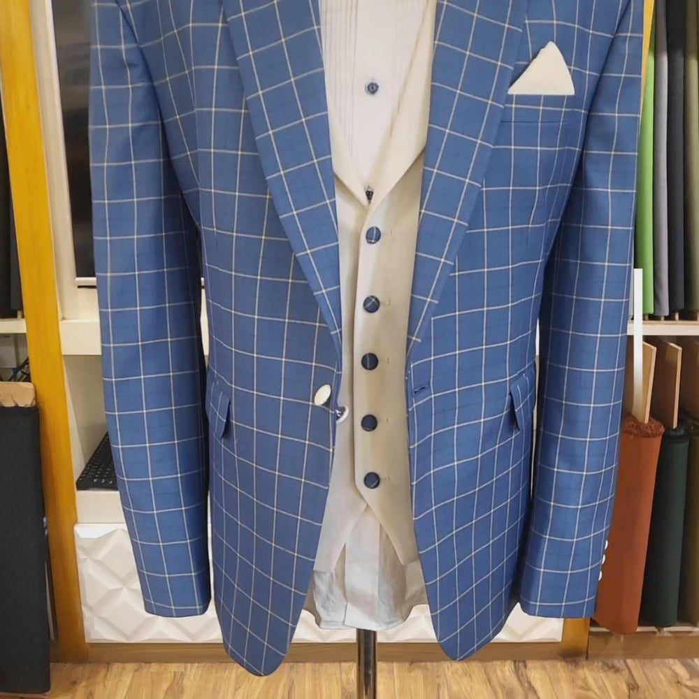 
                  
                    Load and play video in Gallery viewer, windowpane check sky blue 3 piece suit with pocket square and pick stitch, 3 piece suit for men
                  
                