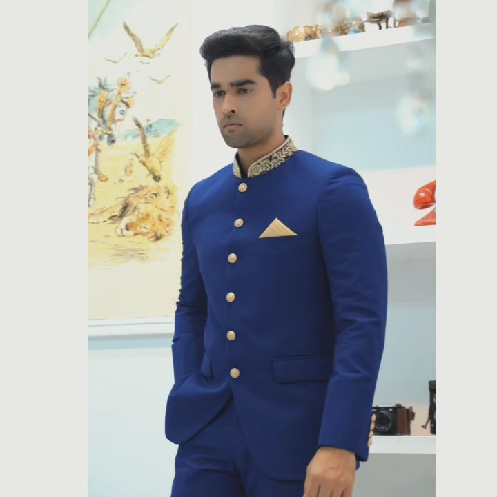 
                  
                    Load and play video in Gallery viewer, Indigo Blue Two-Piece Suit with Round Ban and Brass Buttons
                  
                