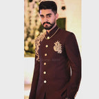 luxury Maroon Prince Two-Piece Suit for Grooms with Golden Flower Embellishments