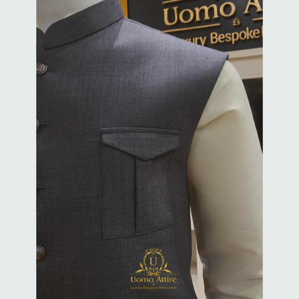 Men's Safari Style Bird Eye Woolen Fabric Gray Waistcoat