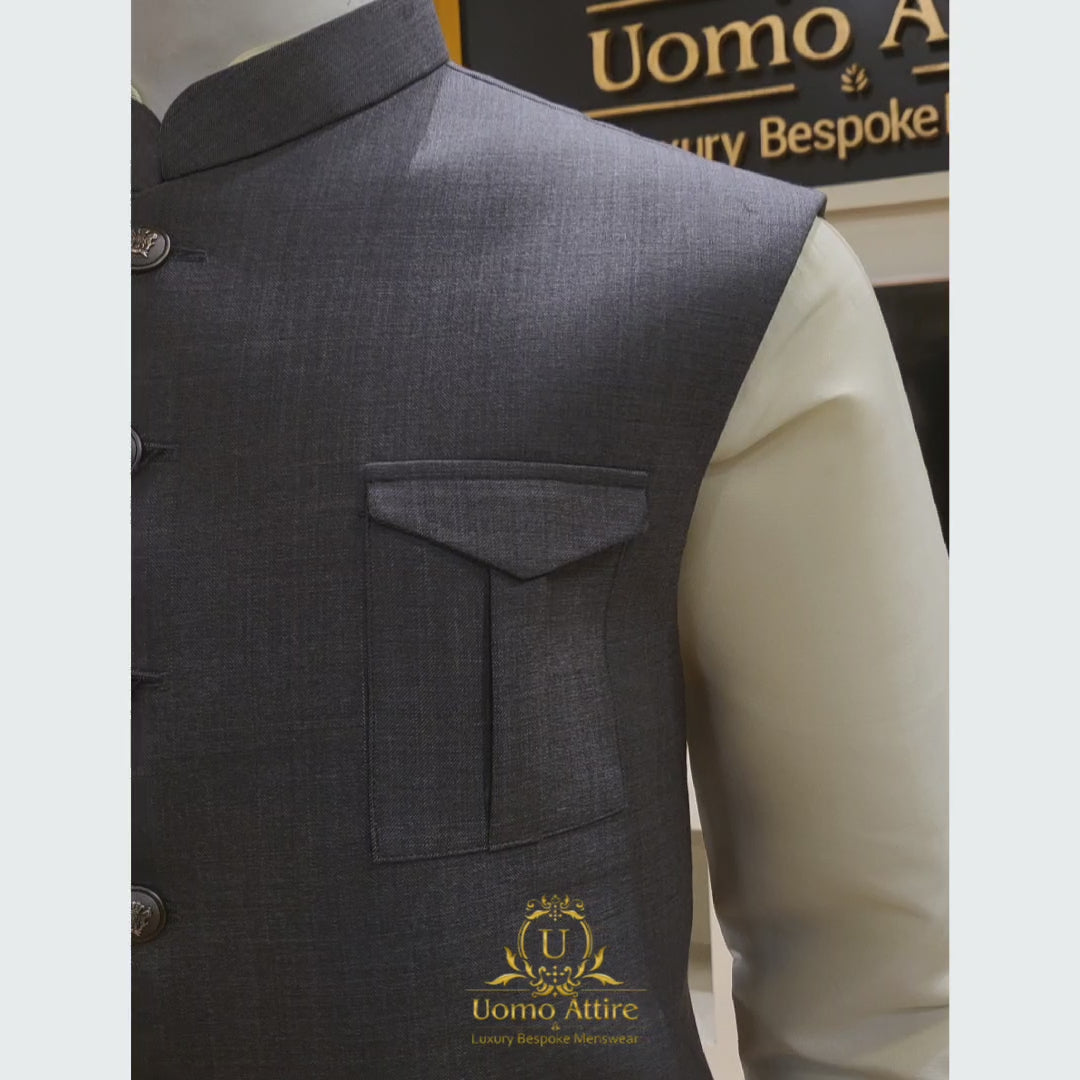 Men's Safari Style Bird Eye Woolen Fabric Gray Waistcoat