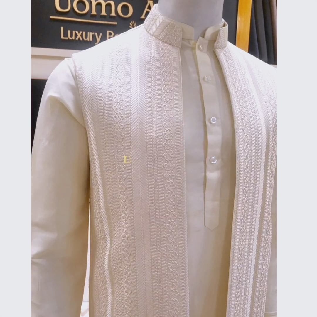 
                  
                    Load and play video in Gallery viewer, Open Front Beige Waistcoat with Contrast Embroidery
                  
                