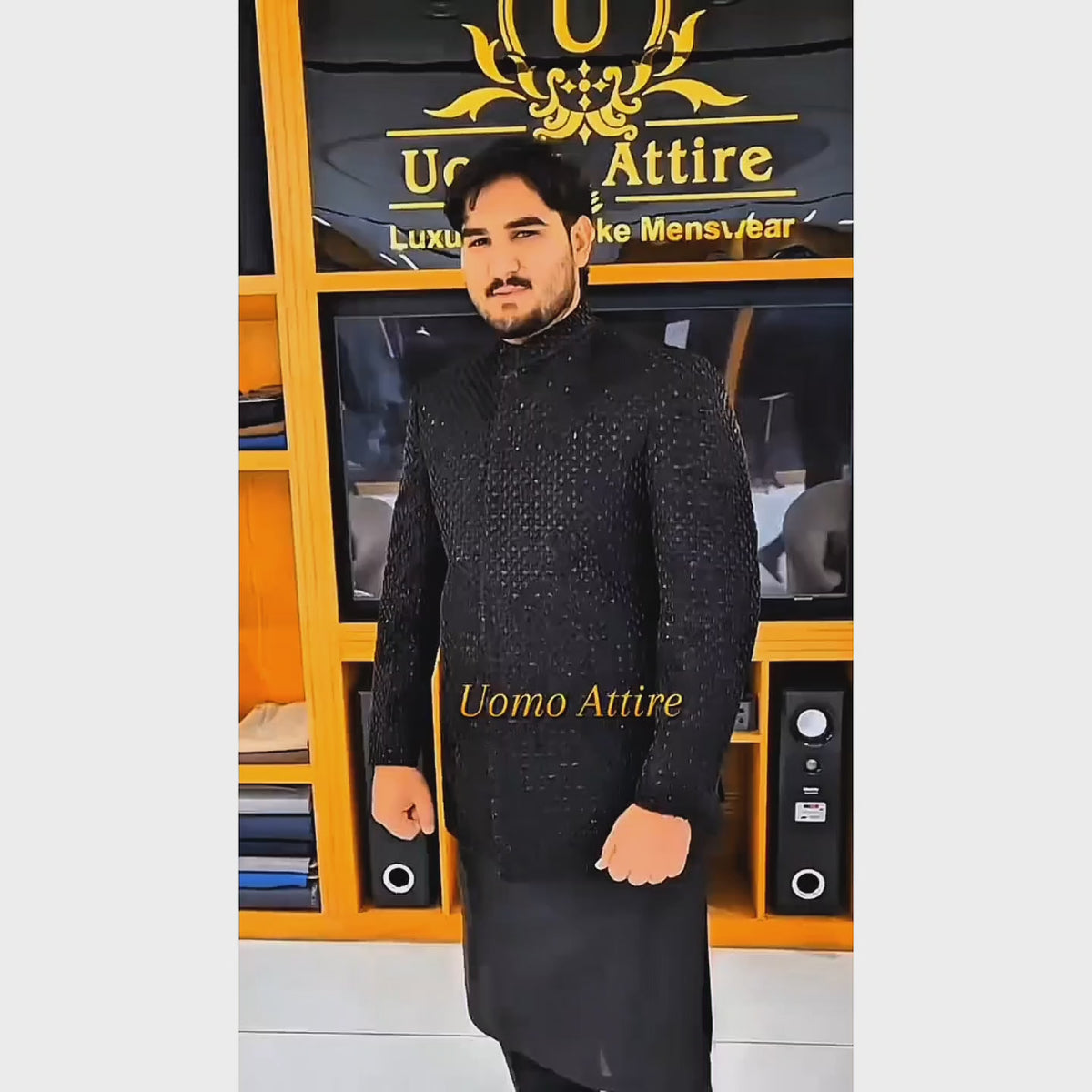 Men's Luxury Black Embroidered Prince Coat for Wedding
