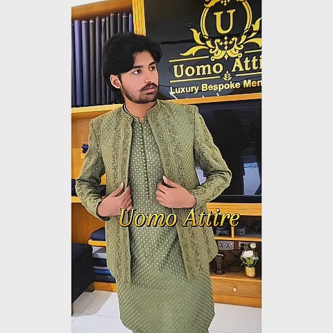 Pistachio Green Fully Embroidered Prince Coat for Men with Matching Embroidered Kurta Pajama