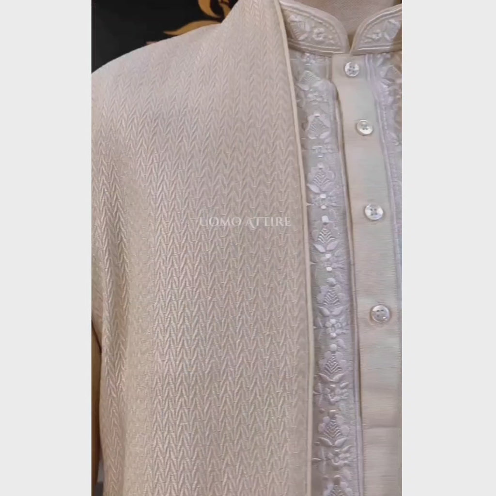 Off White Open Front Designer Sherwani for Groom