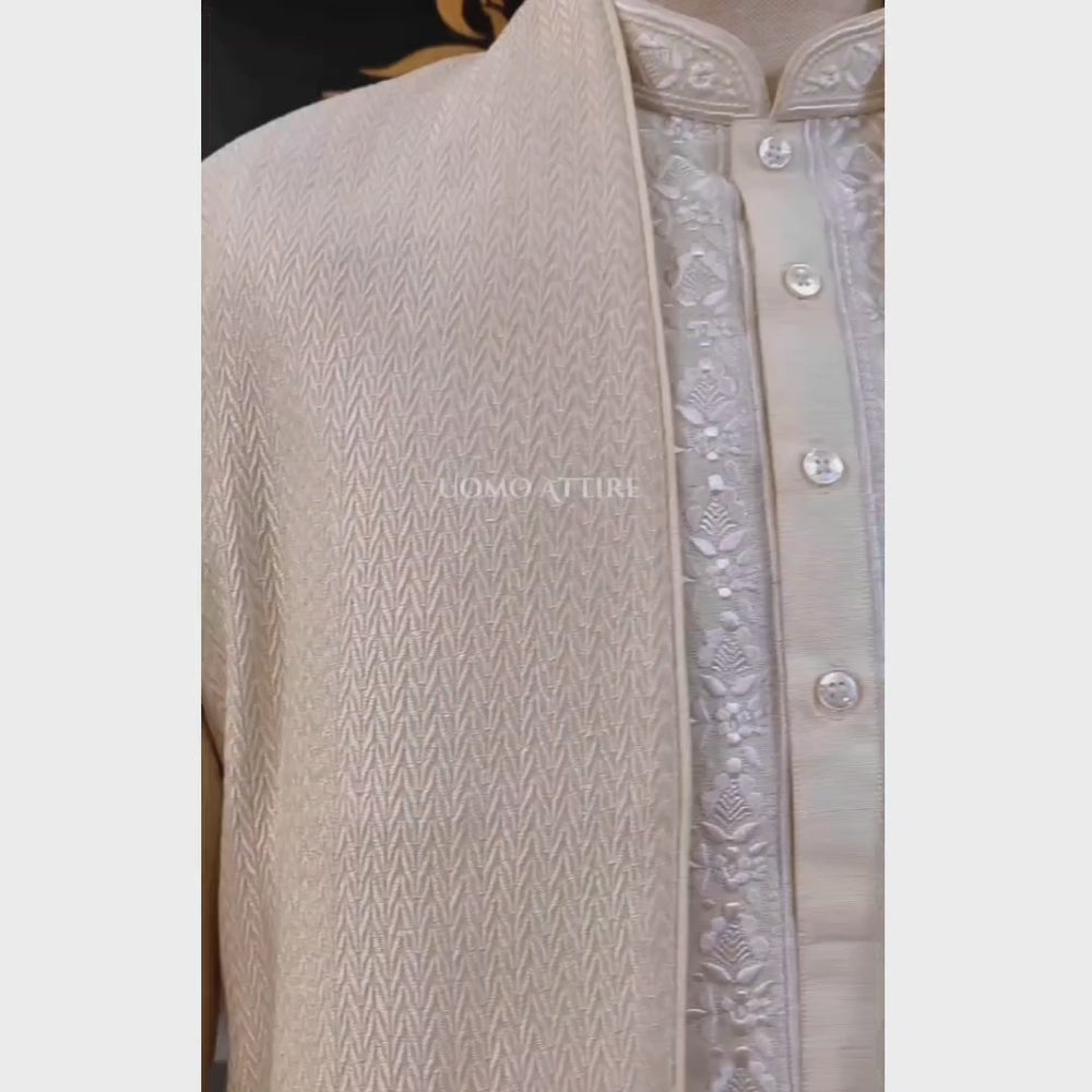 
                  
                    Load and play video in Gallery viewer, Off White Open Front Designer Sherwani for Groom
                  
                