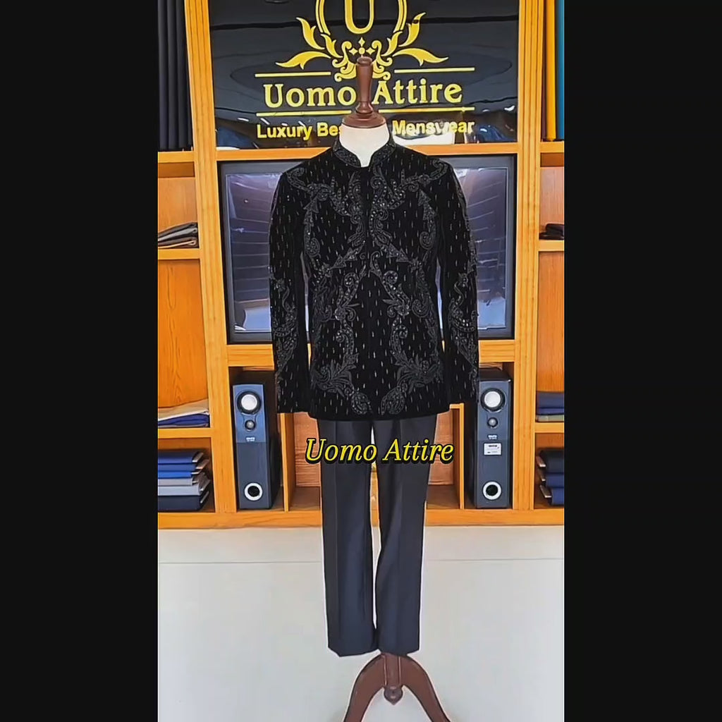 Opulent Black Velvet Embellishment and Jeweled Prince Two Piece Suit