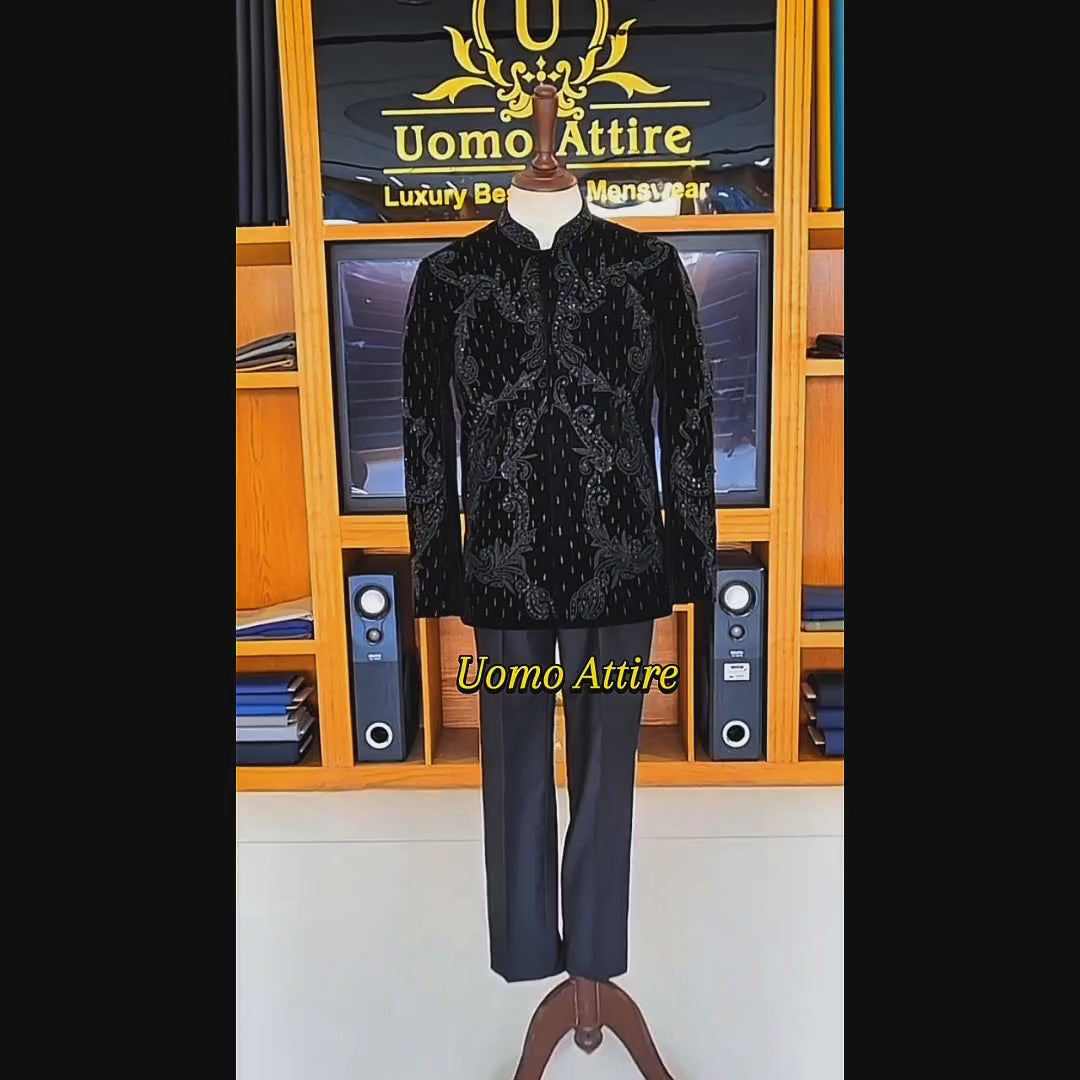Opulent Black Velvet Embellishment and Jeweled Prince Two Piece Suit