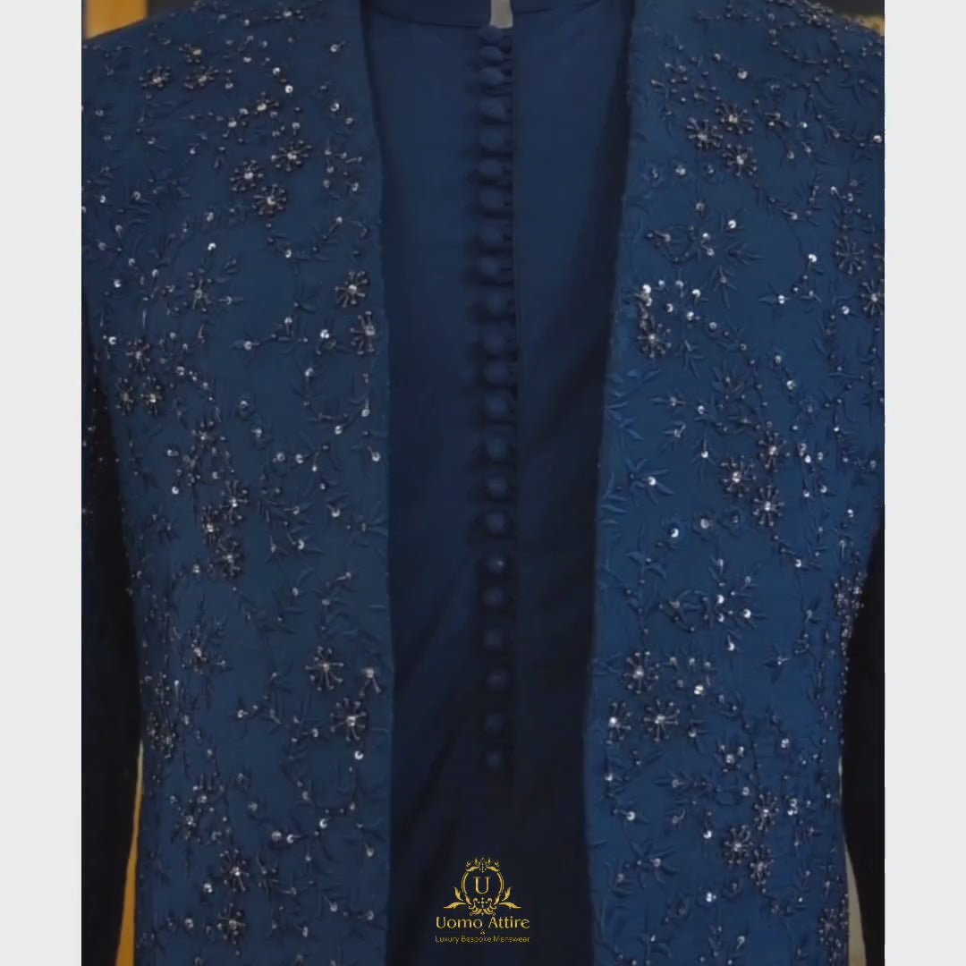 
                  
                    Load and play video in Gallery viewer, Navy Blue Prince Coat for men in Multicolor Hand Embellished
                  
                