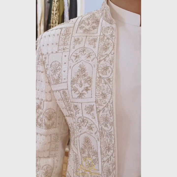 Luxury Custom-Made White Open Front Sherwani with Intricate Silver Emblishment