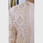 Luxury Custom-Made White Open Front Sherwani with Intricate Silver Emblishment