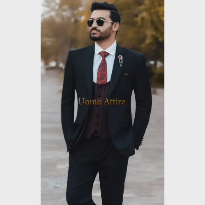 Luxury Black Customized Three-Piece Suit For Men with Contrasting Maroon Checkered Waistcoat