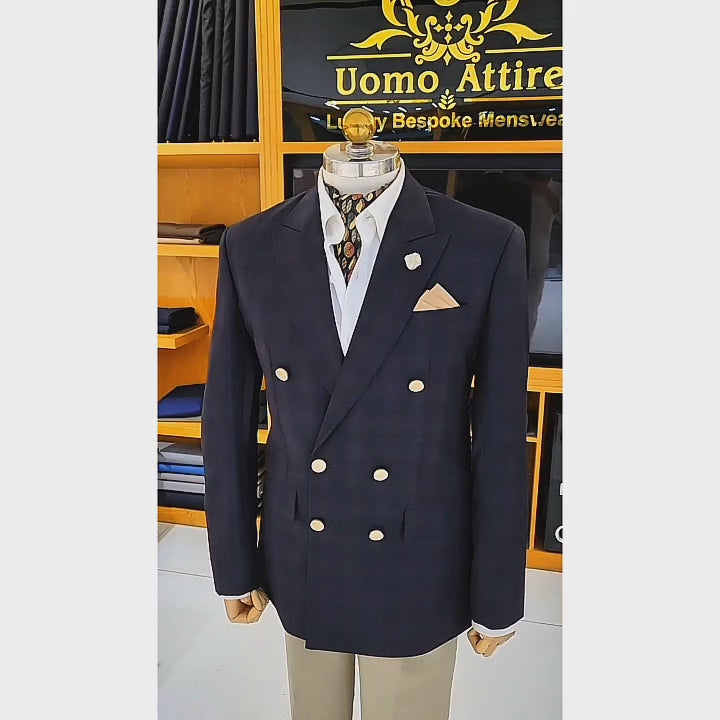 Men's Luxury Navy Blue Plaid Double Breasted 2-Piece Suit