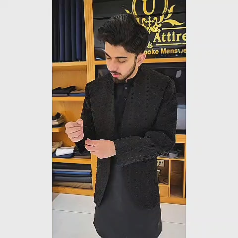 Men's Luxury Black Embroidered Prince Coat with Kurta Pajama