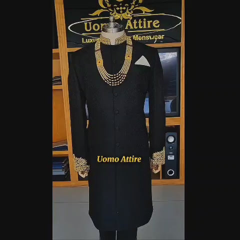Men's Luxury Black Heavy Gold Embroidered Sherwani