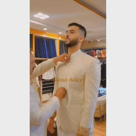
                  
                    Load and play video in Gallery viewer, Off-white color prince coat for groom
                  
                