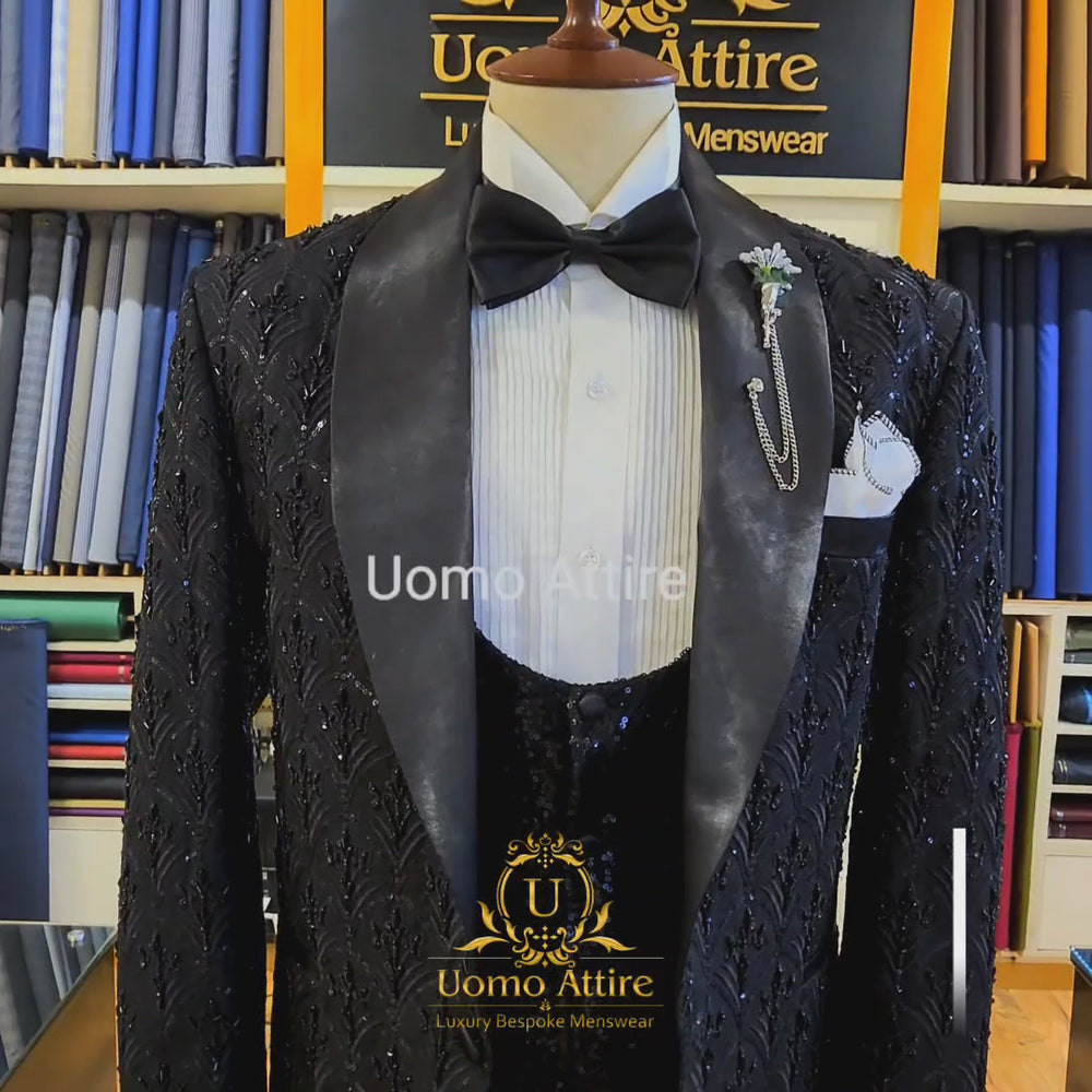 
                  
                    Load and play video in Gallery viewer, Custom-tailored black tuxedo 3 piece suit, tuxedo suit, embellished black tuxedo suit, sequin fabric single-breasted vest tuxedo
                  
                
