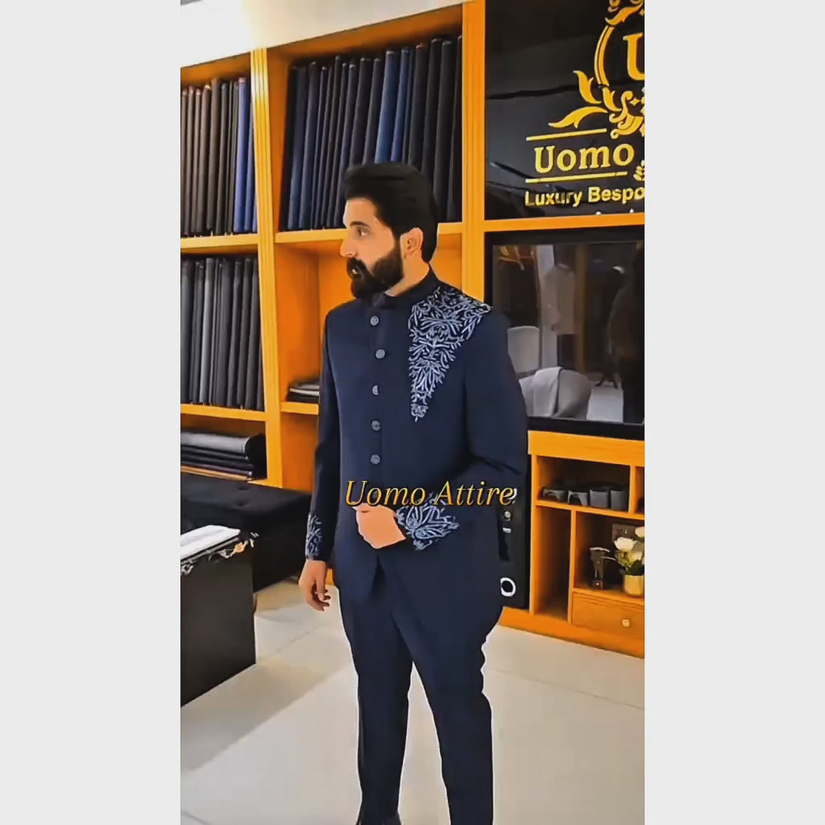 Men's Luxury Navy Blue Embroidered Prince Coat Suit