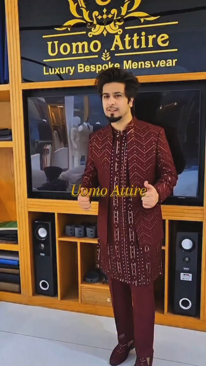 Men's Luxury Maroon Crystal Embroidered Prince Coat