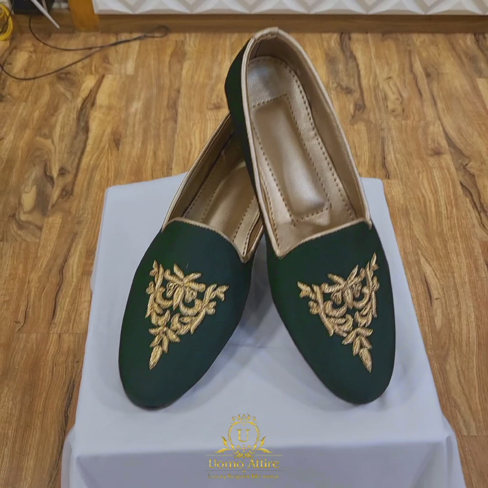 
                  
                    Load and play video in Gallery viewer, Deep green raw silk embroidered Shoes
                  
                