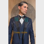 Luxurious Deep Navy Blue Italian Slim Fit Tuxedo with Embellished Shoulders and Cuffs for Groom