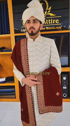 Men's Luxury Off-White Embroidered Sherwani with Maroon Velvet Shawl & Turban