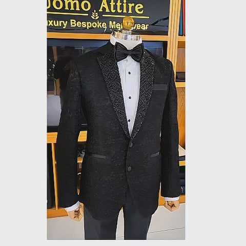 Men's Luxury Black Embroidered Tuxedo 2-Piece Suit
