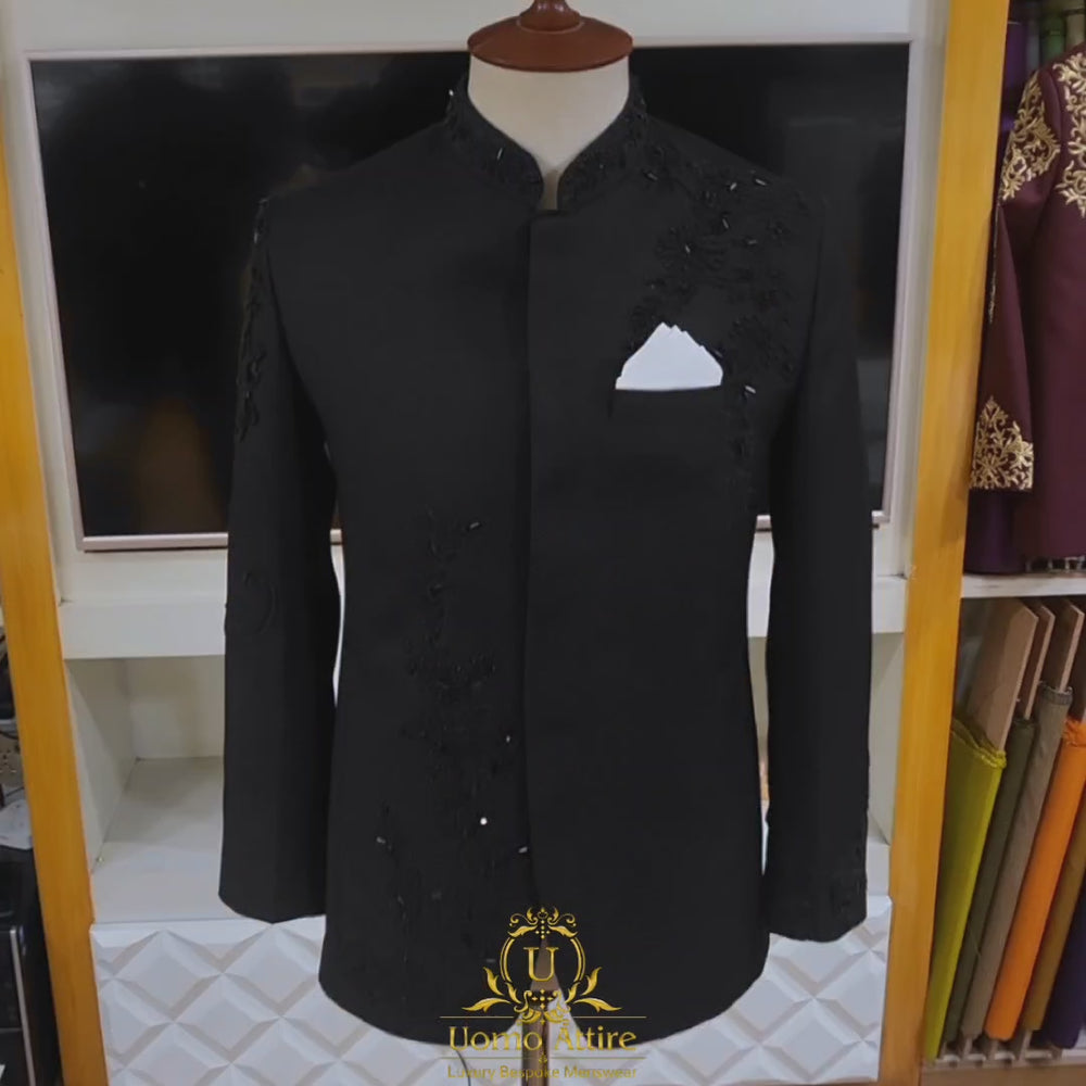 
                  
                    Load and play video in Gallery viewer, Luxury Black Prince Coat with Black Embellishments
                  
                