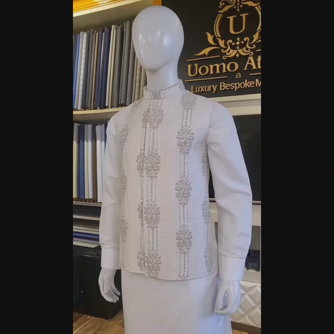 White Embroidered Fabric With Silver Hand Embellished Waistcoat