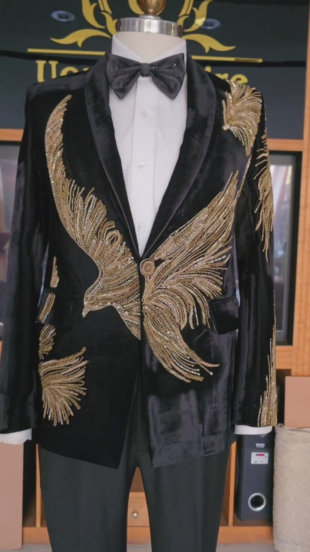 Jet Black Luxury Velvet Tuxedo with Intricate Golden Feather-Inspired Hand Embellishment