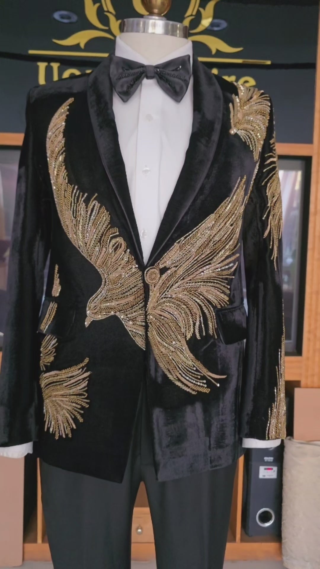 Jet Black Luxury Velvet Tuxedo with Intricate Golden Feather-Inspired Hand Embellishment