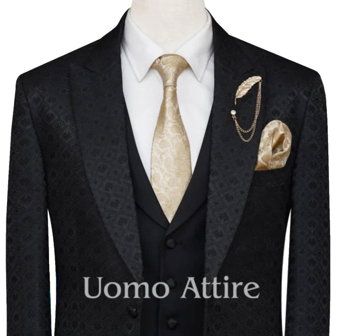 Black 3 Piece Suit For Men With Folding Cuff Peak Lapel | Black Suit for Men
