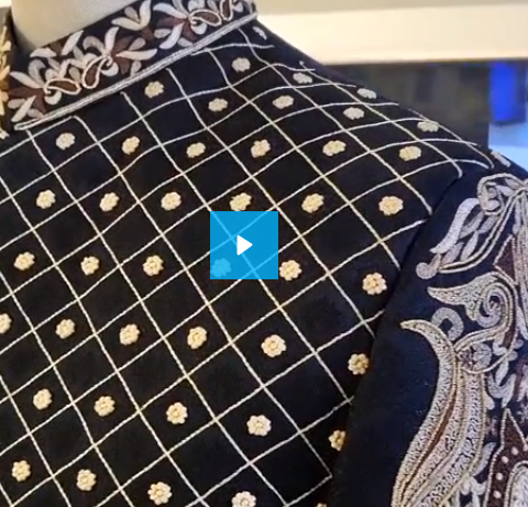 Embellished black prince coat in self textured | black prince coat for groom