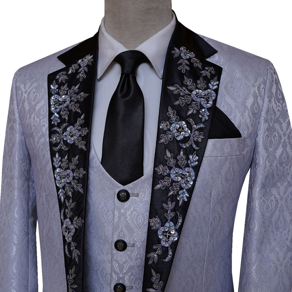 Self Designed Textured Fabric Gray Tuxedo Suit