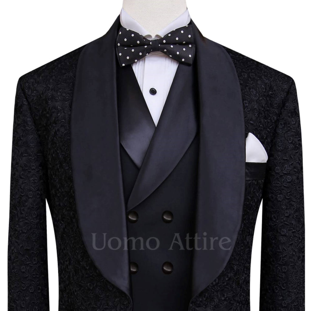 Luxurious black embroidered fabric tuxedo three piece suit