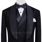 Luxurious black embroidered fabric tuxedo three piece suit