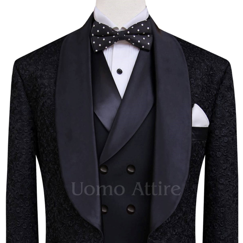 
                  
                    Load and play video in Gallery viewer, Luxurious black embroidered fabric tuxedo three piece suit
                  
                
