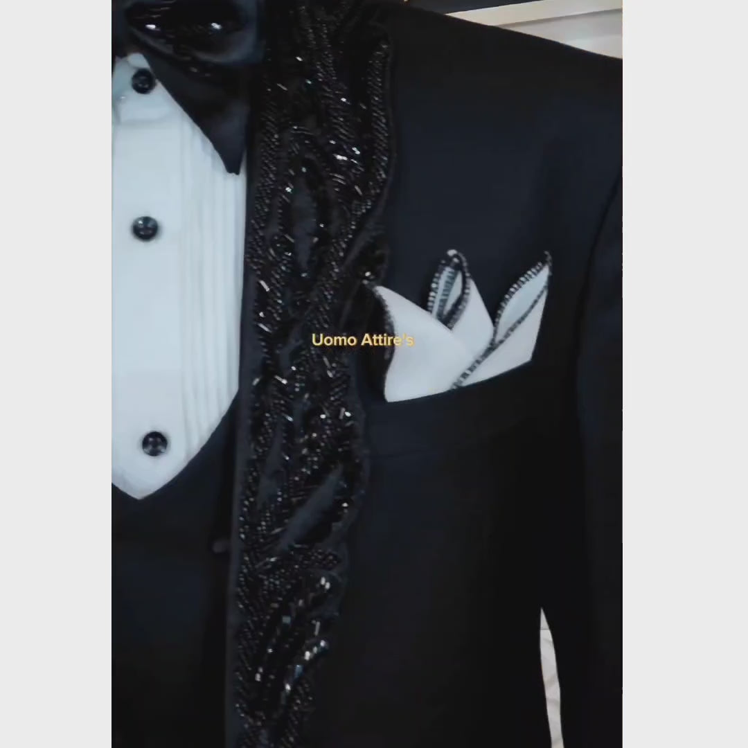 
                  
                    Load and play video in Gallery viewer, Black Designer Tuxedo Suit with Embellished Shawl | Groom Tuxedo Suit
                  
                