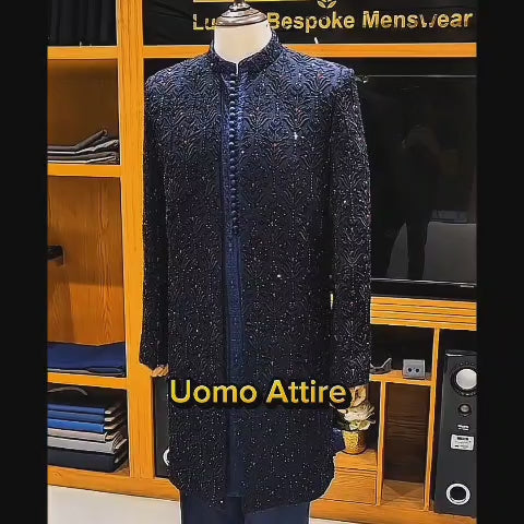 Men's Luxury Navy Blue Embellished Sherwani with Jewellery Work