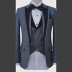 Gray tuxedo 3 piece suit with contrast black velvet shawl